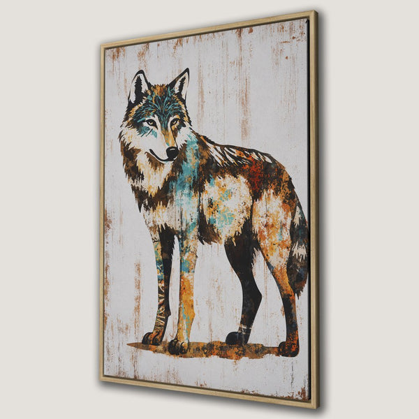 Framed Wall Art: Majestic wolf canvas print with vibrant teal, orange, and brown hues. Rustic style, perfect for adding a touch of nature to your home decor.
