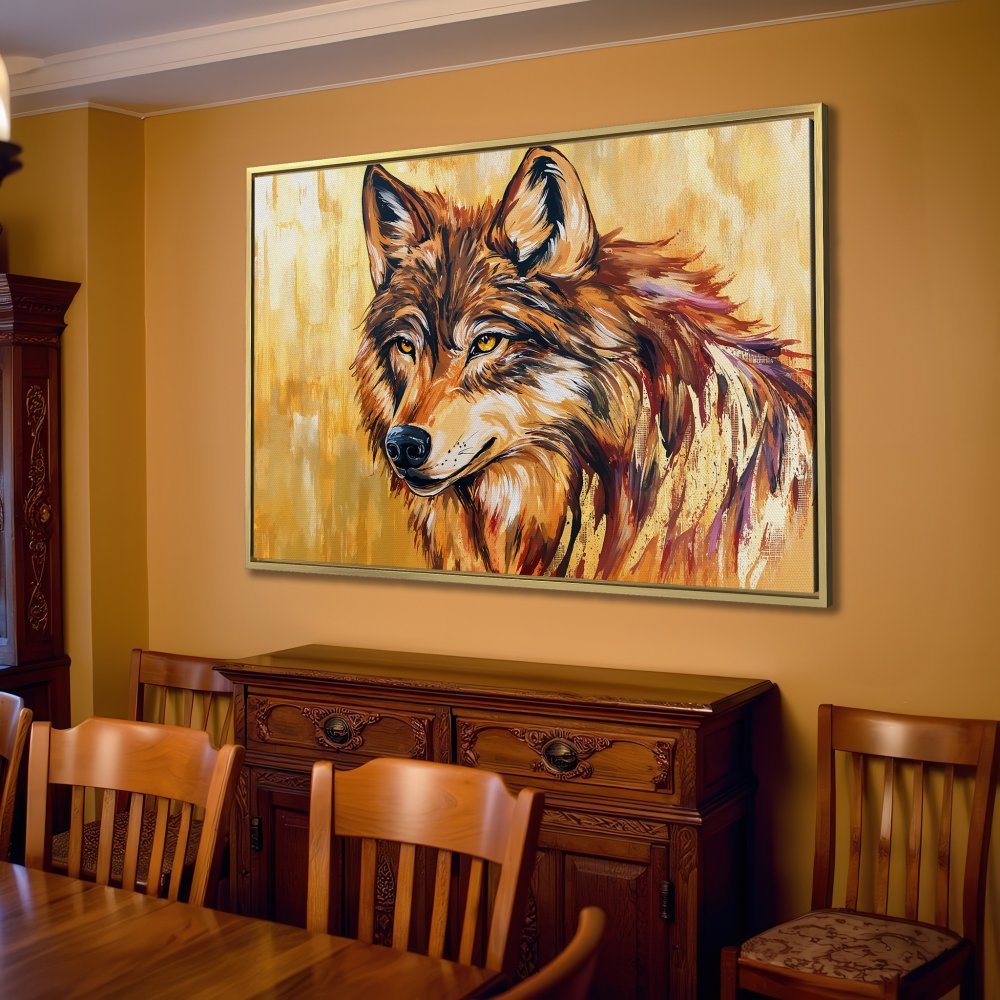 Canvas Print of a majestic wolf in warm gold and brown tones, perfect for living room wall decor.