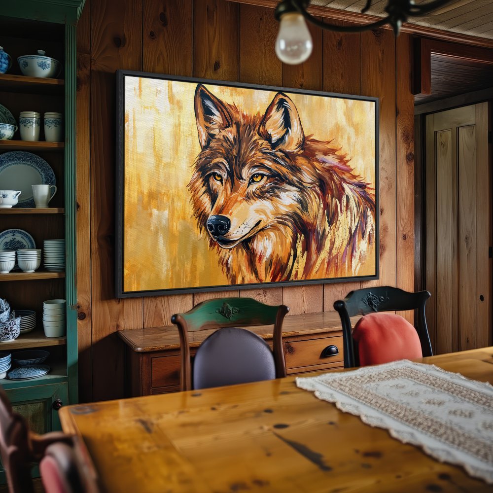 Framed Wall Art: Majestic wolf portrait in warm gold and brown tones. Elevate your space with this stunning canvas print.