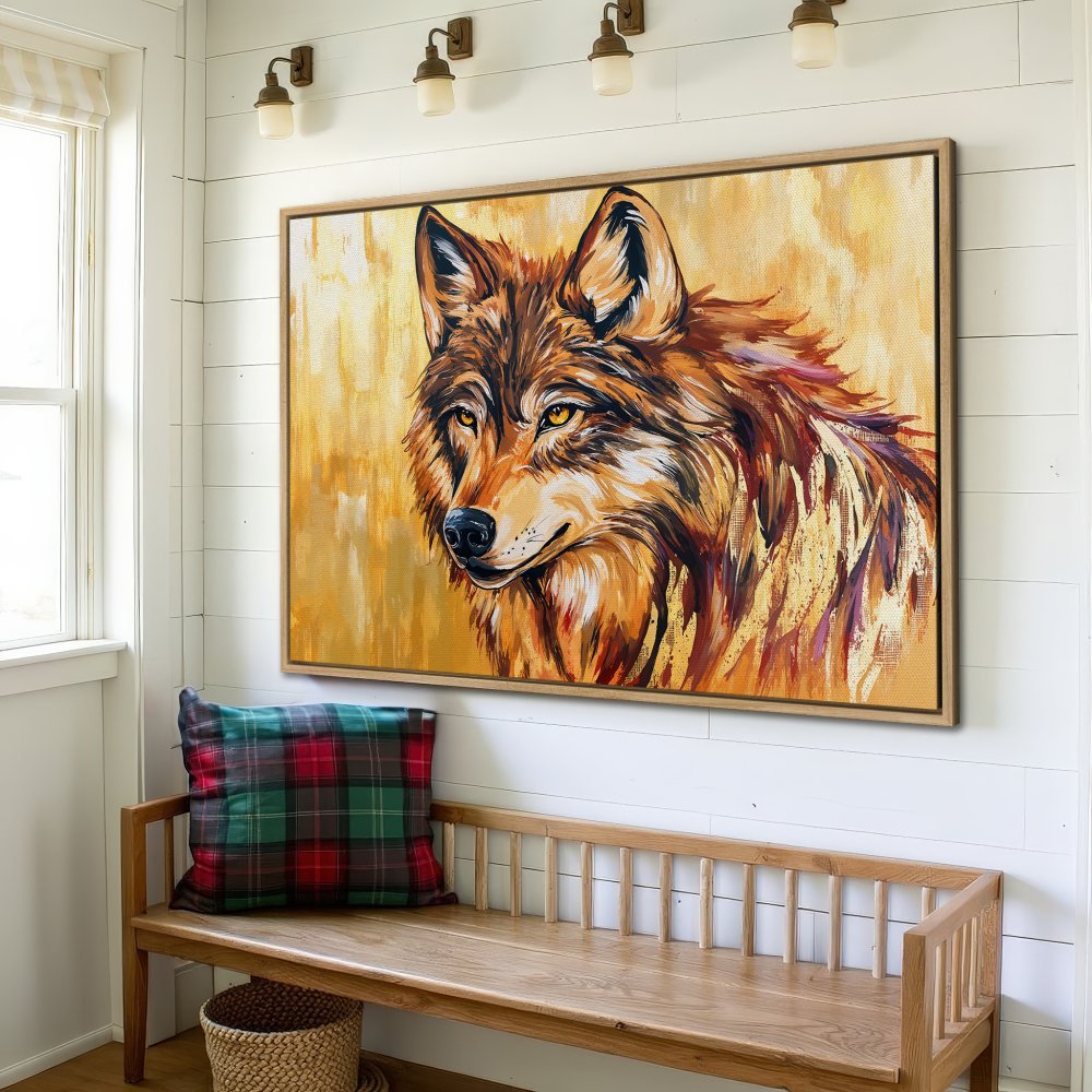 Framed Wall Art: Stunning wolf portrait in warm gold and brown tones. Add a touch of nature and elegance to your home with this beautiful Canvas Print.