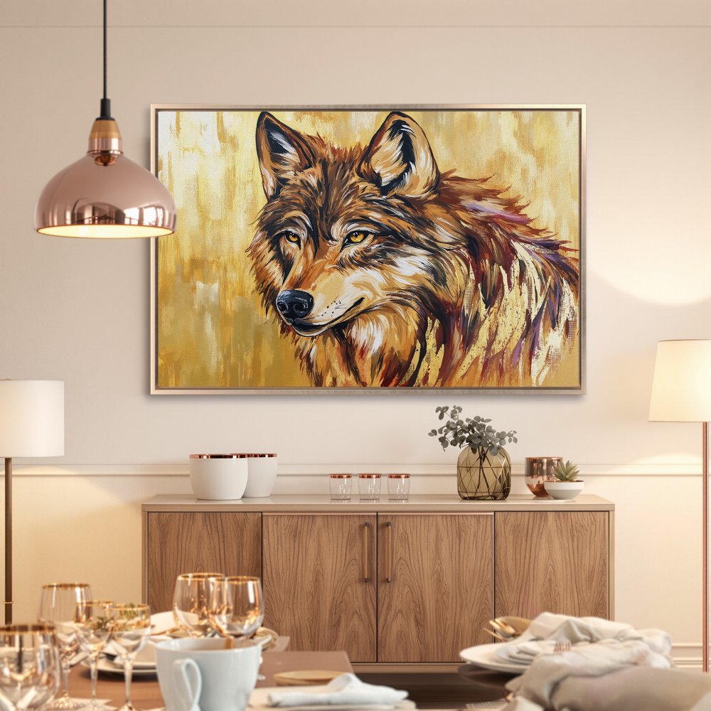 Framed Wall Art: Majestic wolf portrait in warm gold and brown tones. Add a touch of wilderness with this stunning canvas print!