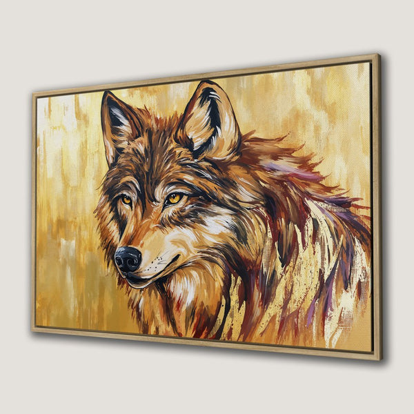 Framed Wall Art: Majestic wolf portrait in warm brown and gold tones. Stunning canvas print for a stylish home. Shop now!