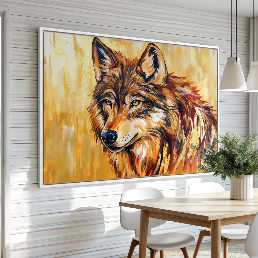 Framed Wall Art: Stunning wolf portrait in warm gold and brown tones. Elevate your space with this captivating canvas print!
