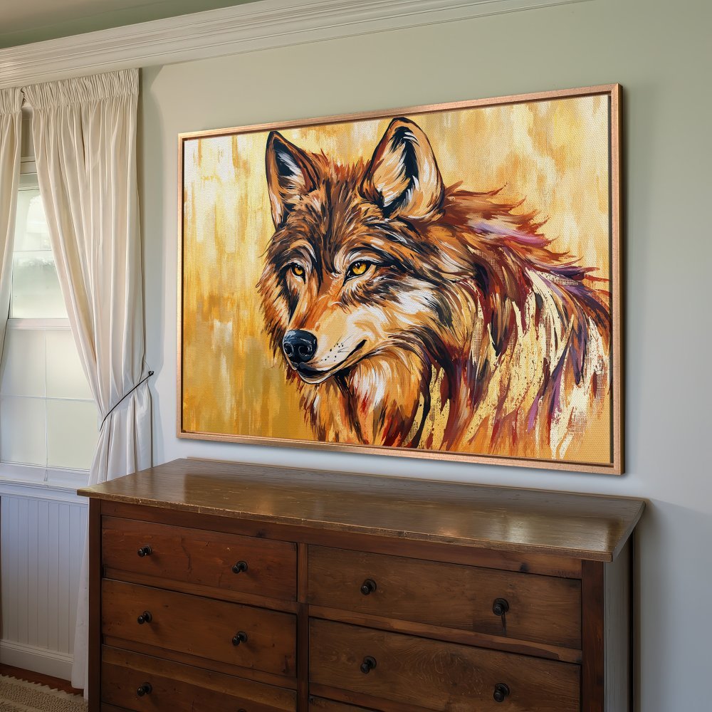 Framed Wall Art: Majestic wolf portrait in warm gold and brown tones. Stunning canvas print for your home decor.