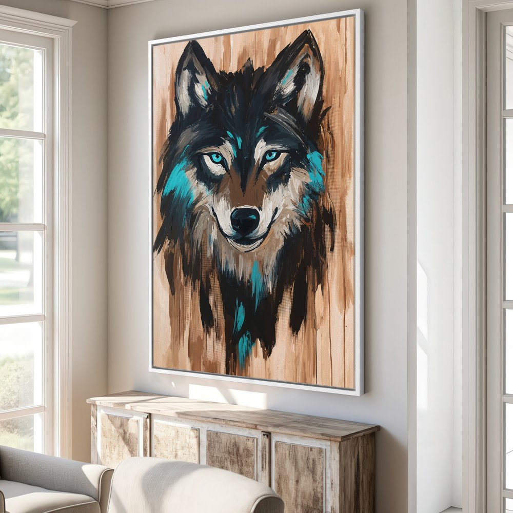 Framed Wall Art: Abstract wolf portrait with teal accents. Earth-toned canvas print adds modern style to any room. Shop now!