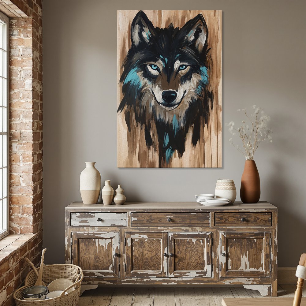Framed Wall Art: Majestic wolf portrait canvas print with teal accents and a warm, earthy color palette. Perfect for rustic home decor.