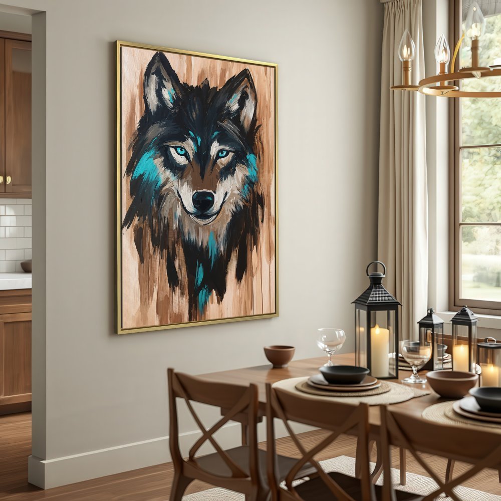 Canvas Print of a majestic wolf portrait, showcasing a modern, expressive style with a brown, black, and teal color palette.