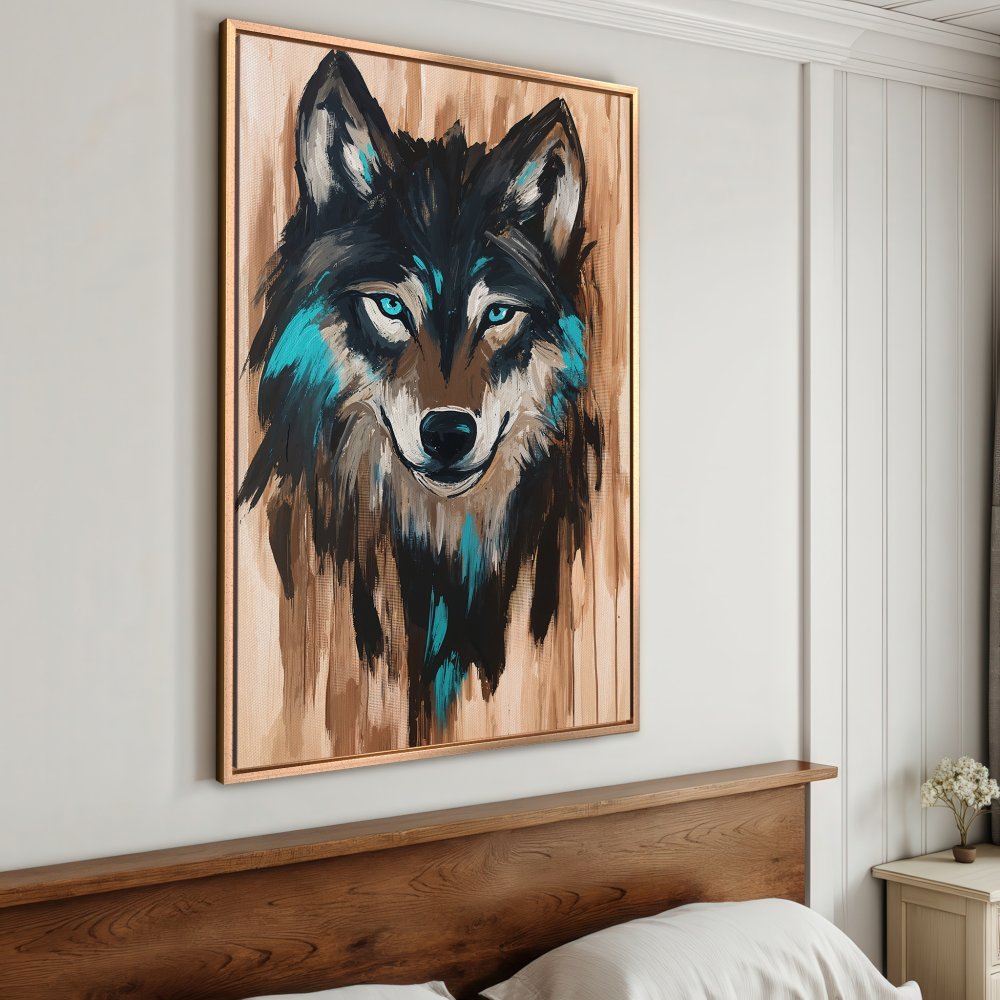 Framed Wall Art: Bold wolf portrait Canvas Print with teal and brown hues. Add a touch of wilderness to your home decor!