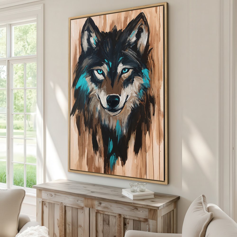 Framed Wall Art: Bold wolf portrait Canvas Print with teal accents, brown & black tones. Modern art for a stylish living room.