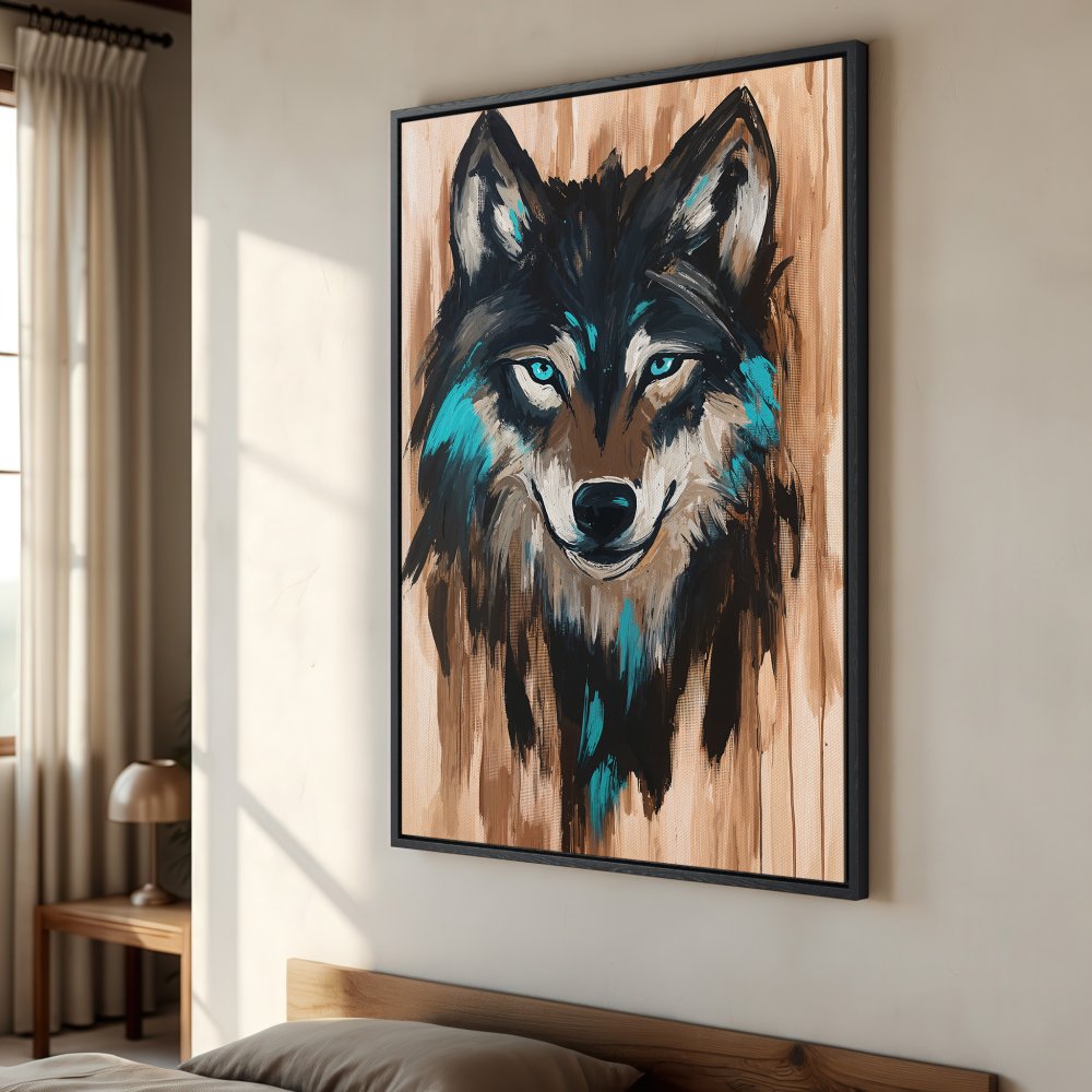 Framed Wall Art: Bold wolf portrait with teal accents on a neutral, textured background. Modern art canvas print for stylish home decor.