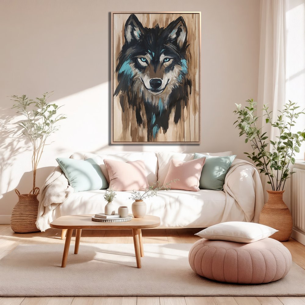 Framed Wall Art: Majestic wolf portrait canvas print with teal and brown tones, perfect for modern home decor.