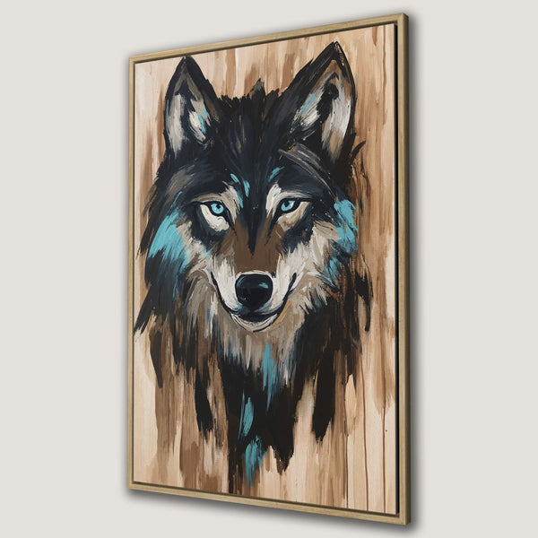 Framed Wall Art: Majestic wolf portrait in expressive brushstrokes, featuring a palette of browns, blacks, and teal. Perfect for adding a touch of wilderness.