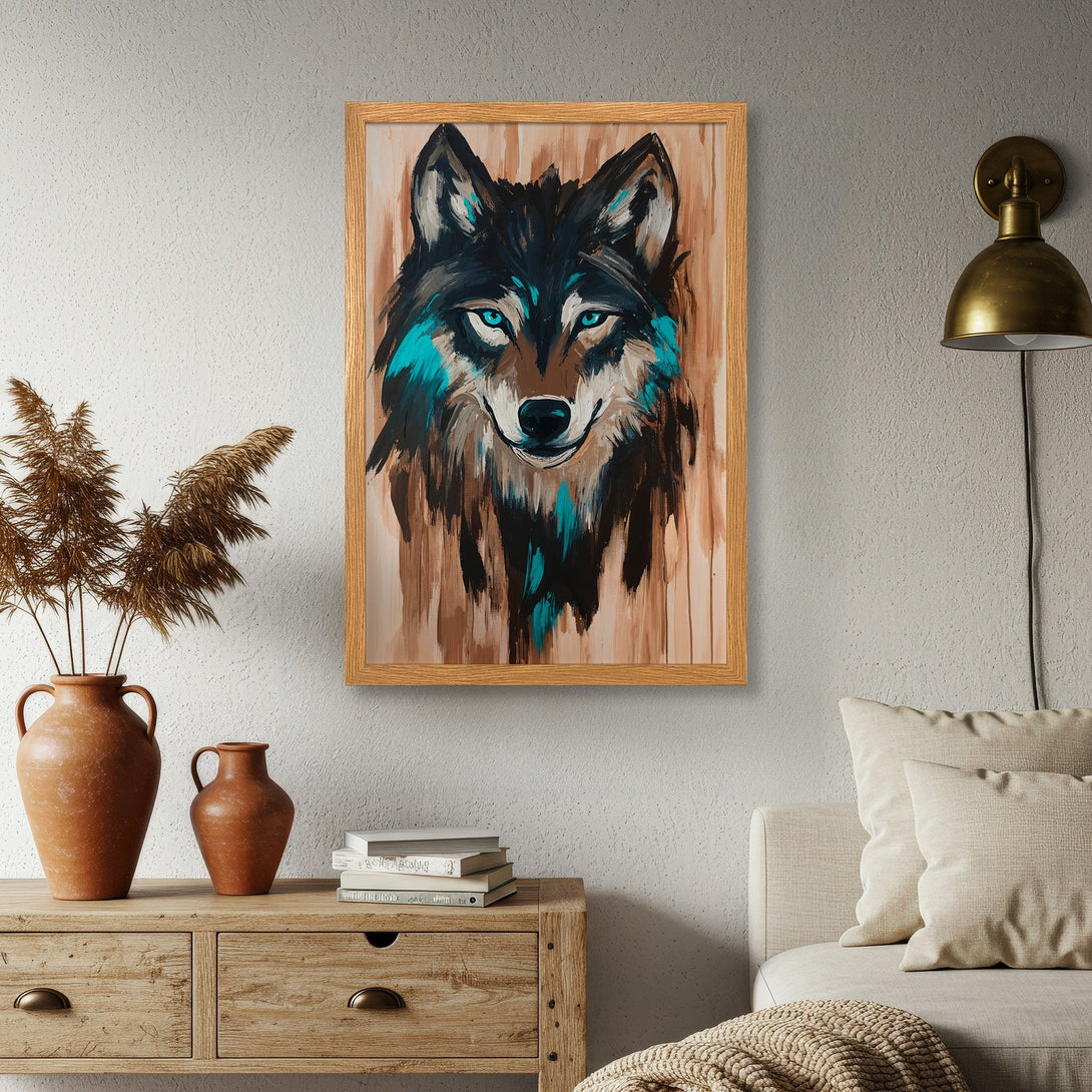 Framed Poster featuring a striking wolf portrait in a modern, abstract style with a brown, teal, and black color palette. Add a touch of wilderness to your decor!