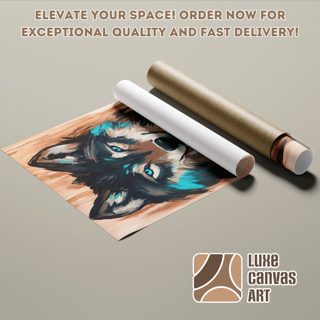 Poster Roll featuring a wolf art print in a brown and teal color palette. Elevate your space with Luxe Canvas Art!