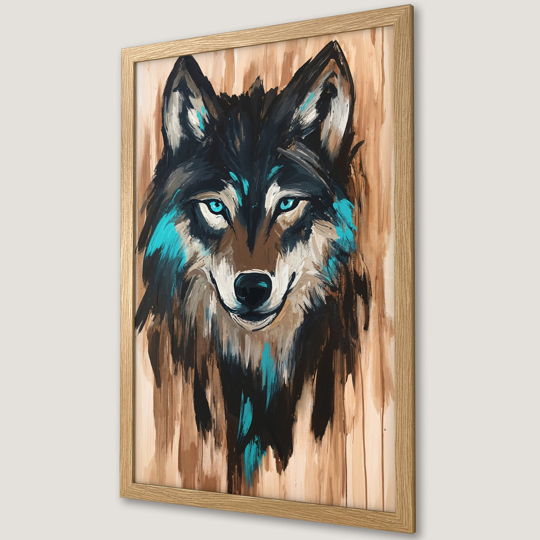 Framed Poster featuring a striking wolf portrait in an expressive, brushstroke style with a brown, black, and teal color palette.