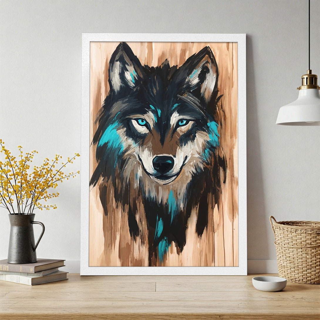 Framed Poster of a wolf in an expressive, modern style. Features a brown, black, and teal color palette. Perfect wall art!