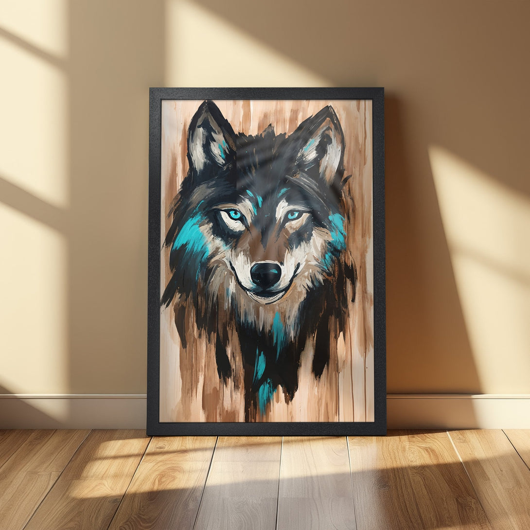 Framed Poster featuring a wolf portrait in an expressive, abstract style with a brown, black, and teal color palette.