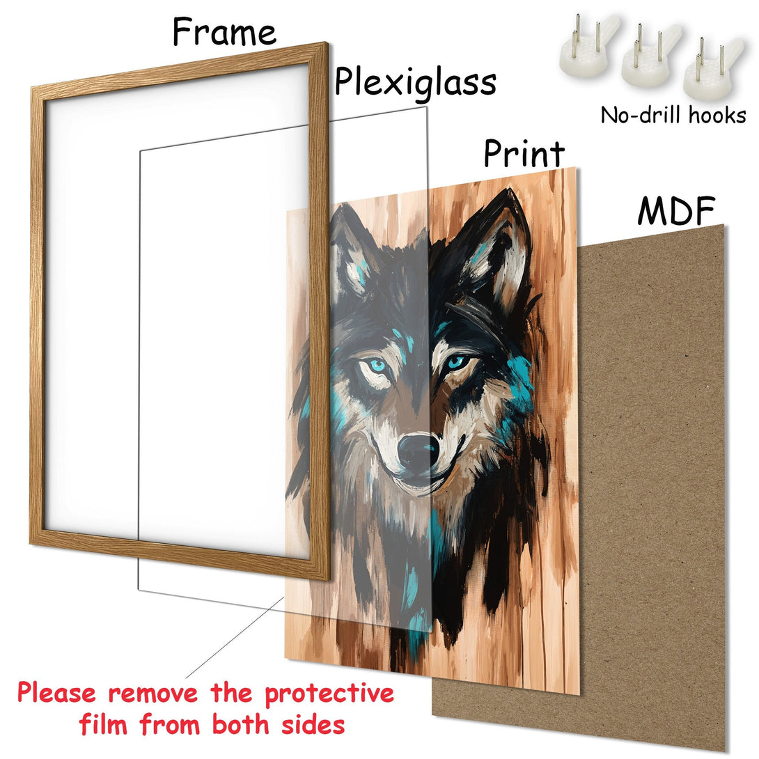 Framed Poster featuring a wolf portrait in an expressive style with a brown, teal, and black color palette. Perfect wall art!