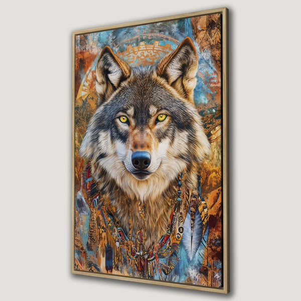 Framed Wall Art: Majestic wolf portrait in vibrant, earthy tones. Add a touch of wilderness to your home decor.