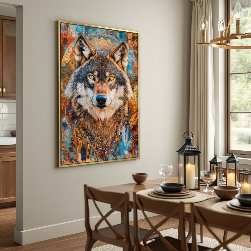 Canvas Print of a majestic wolf with vibrant, earthy tones. Tribal-inspired art for your home decor.