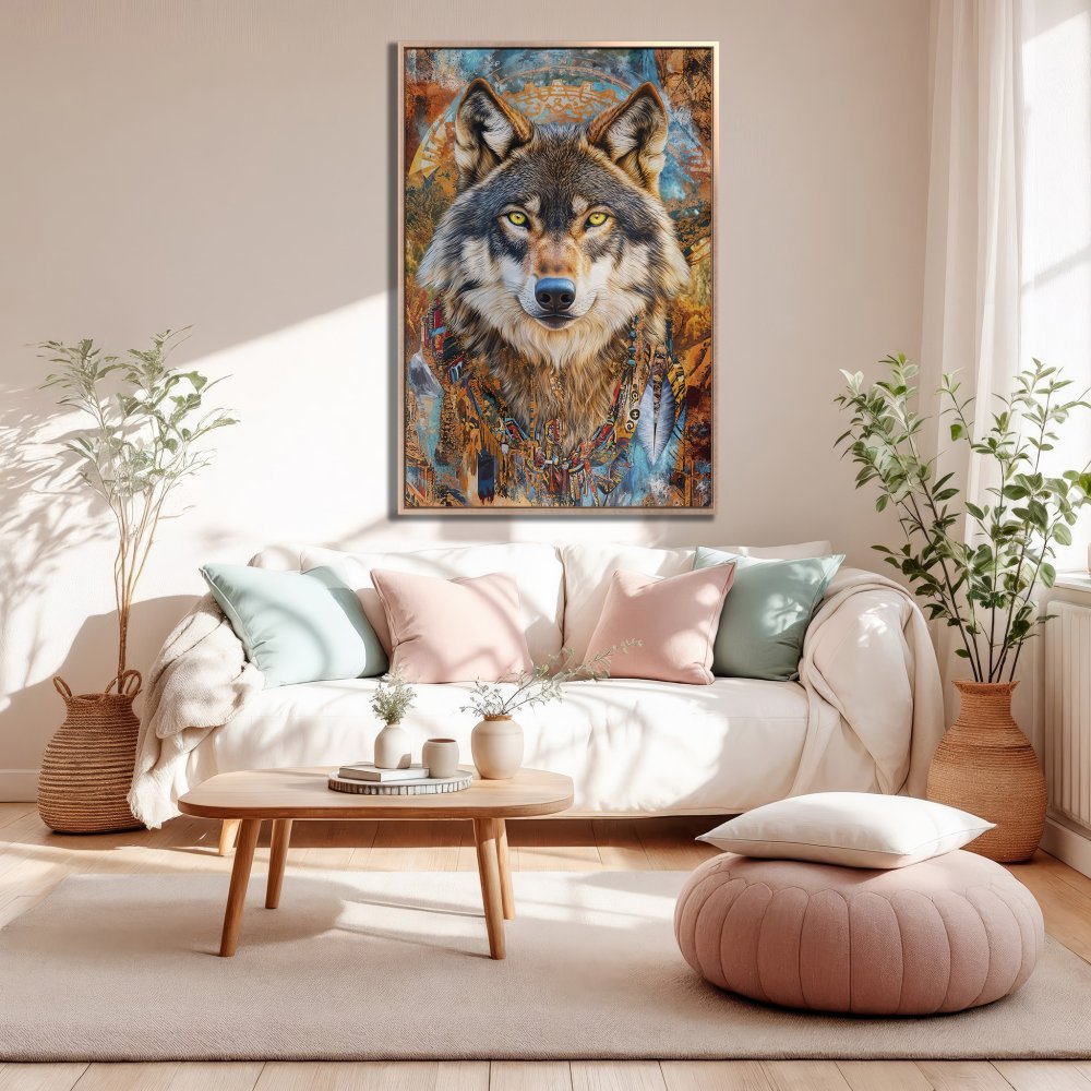 Framed Wall Art: Majestic wolf portrait in warm, earthy tones. Add a touch of nature & style to your living room with this stunning Canvas Print.