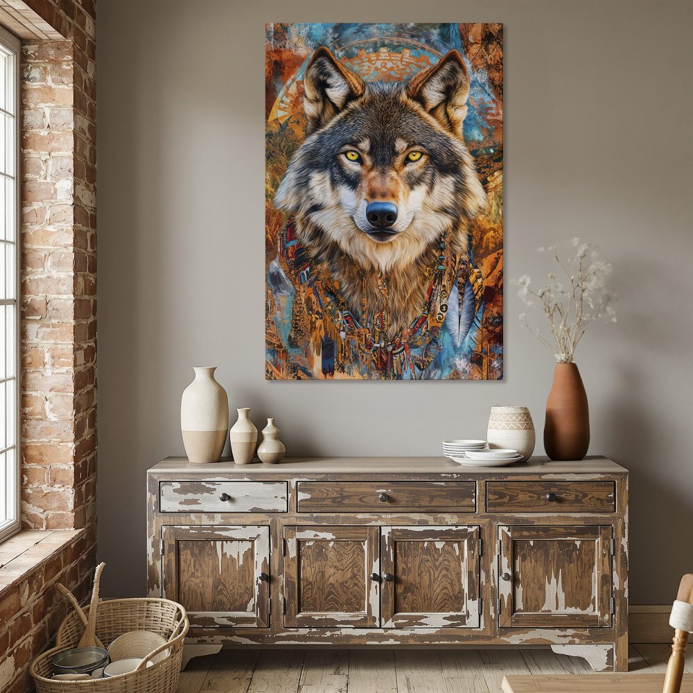 Framed Wall Art: Majestic wolf portrait in vibrant orange, blue, and gold tones. Transform your space with this stunning canvas print!