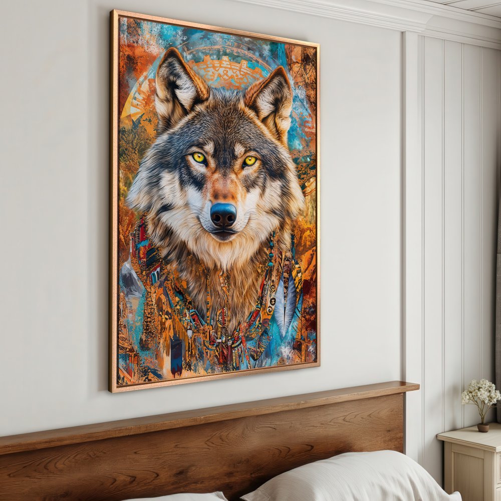 Framed Wall Art: Majestic wolf portrait in vibrant teal and orange hues. Add this stunning Canvas Print to your home decor!