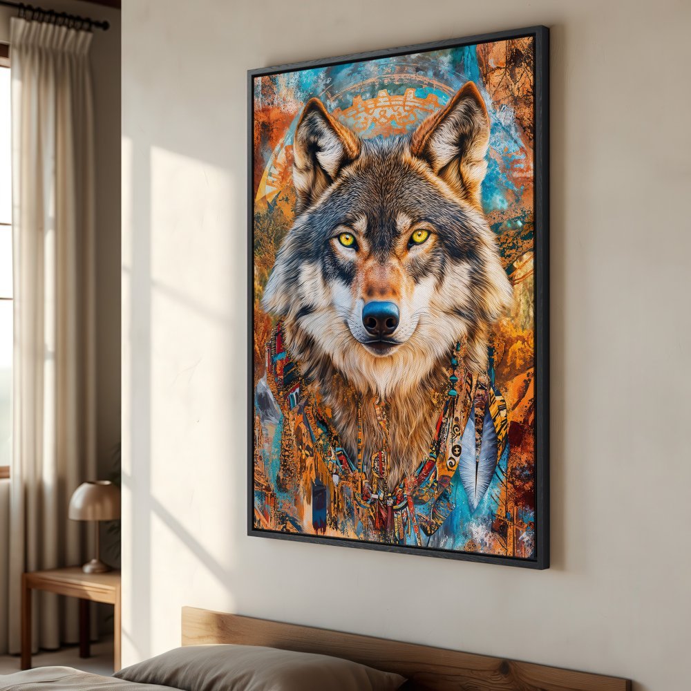 Framed Wall Art: Majestic wolf portrait in vibrant teal, orange, and brown hues. Add a touch of wild beauty to your space with this stunning Canvas Print.