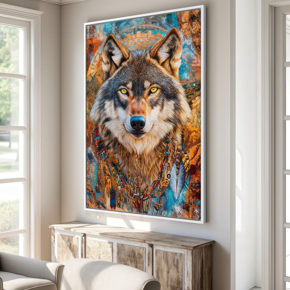 Framed Wall Art: Majestic wolf portrait in vibrant orange & blue hues. Perfect for adding a touch of wilderness to your home decor.