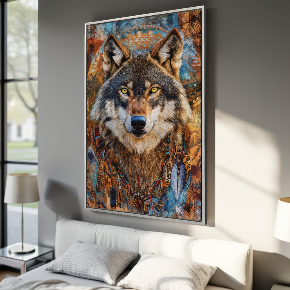 Framed Wall Art: Majestic wolf portrait in vibrant blues, oranges, and browns. Add a touch of wild beauty to your space with this stunning canvas print.