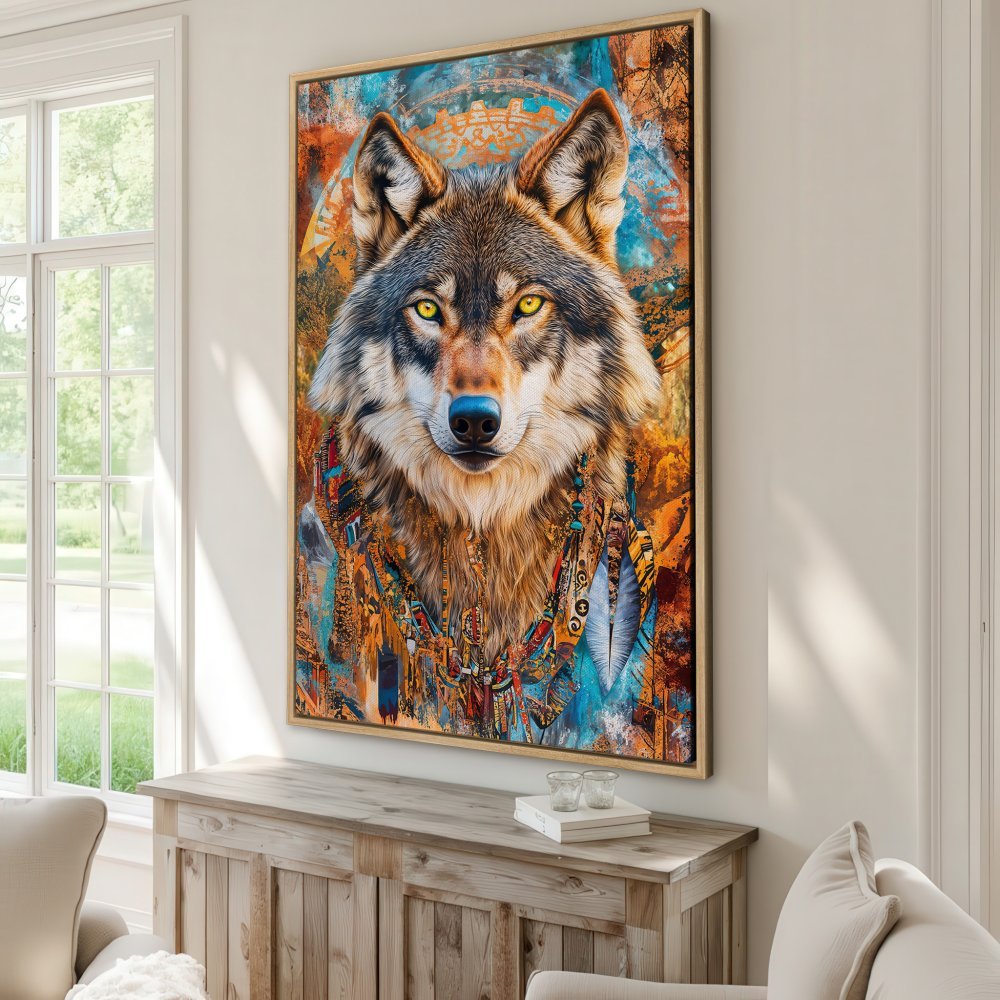 Framed Wall Art: Majestic wolf portrait in vibrant orange and teal hues. Add a touch of nature & artistry to your home with this stunning Canvas Print!