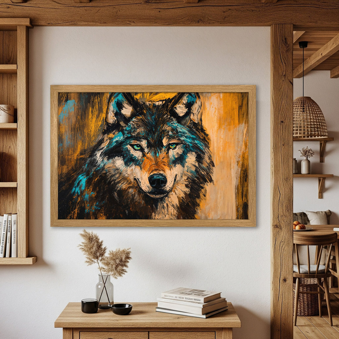 Framed Poster of a wolf in an abstract style. Features a warm color palette with blues and oranges. Perfect wall art!