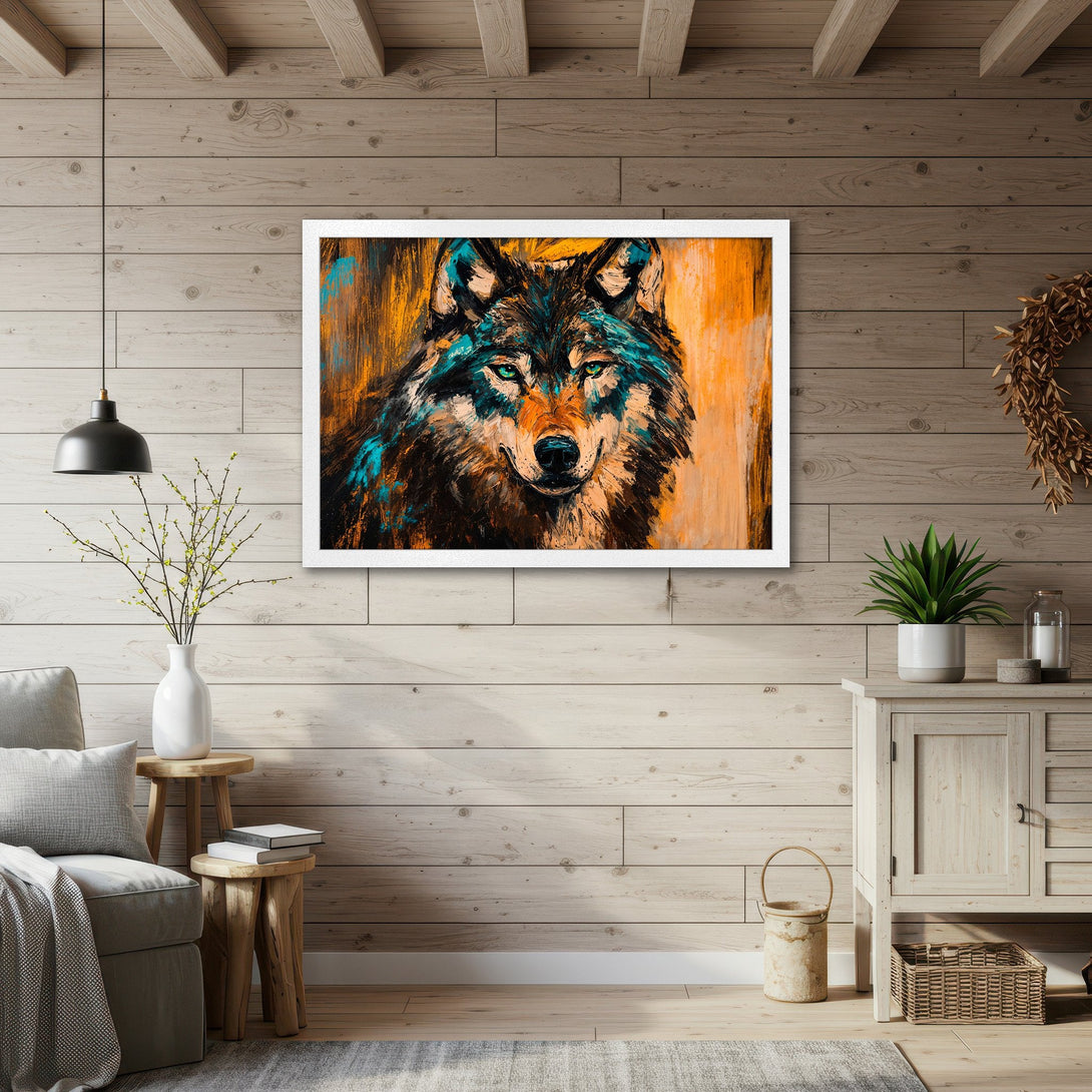 Framed Poster featuring a striking wolf portrait in a vibrant, modern style with a teal, orange, and black color palette. Perfect wall art!
