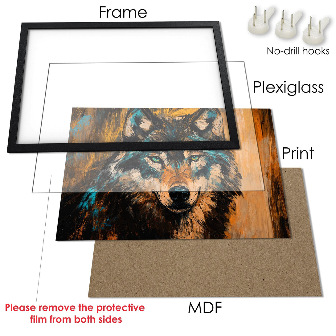 Framed Poster featuring a majestic wolf. Abstract art style with a warm, earthy color palette. Perfect wall decor!
