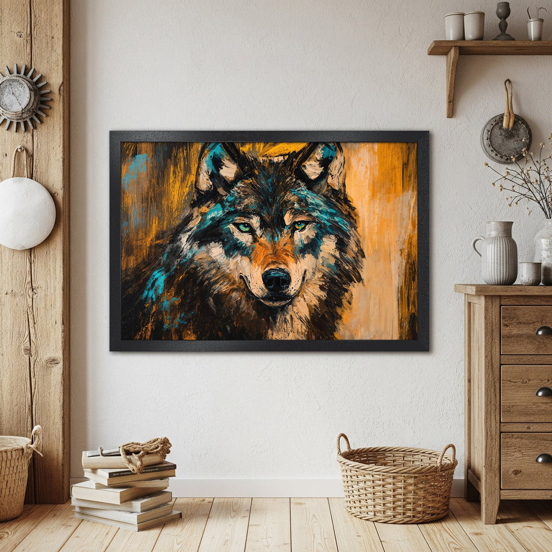 Framed Poster of a wolf in an expressive style with a warm, earthy color palette. Add a touch of wild to your home!