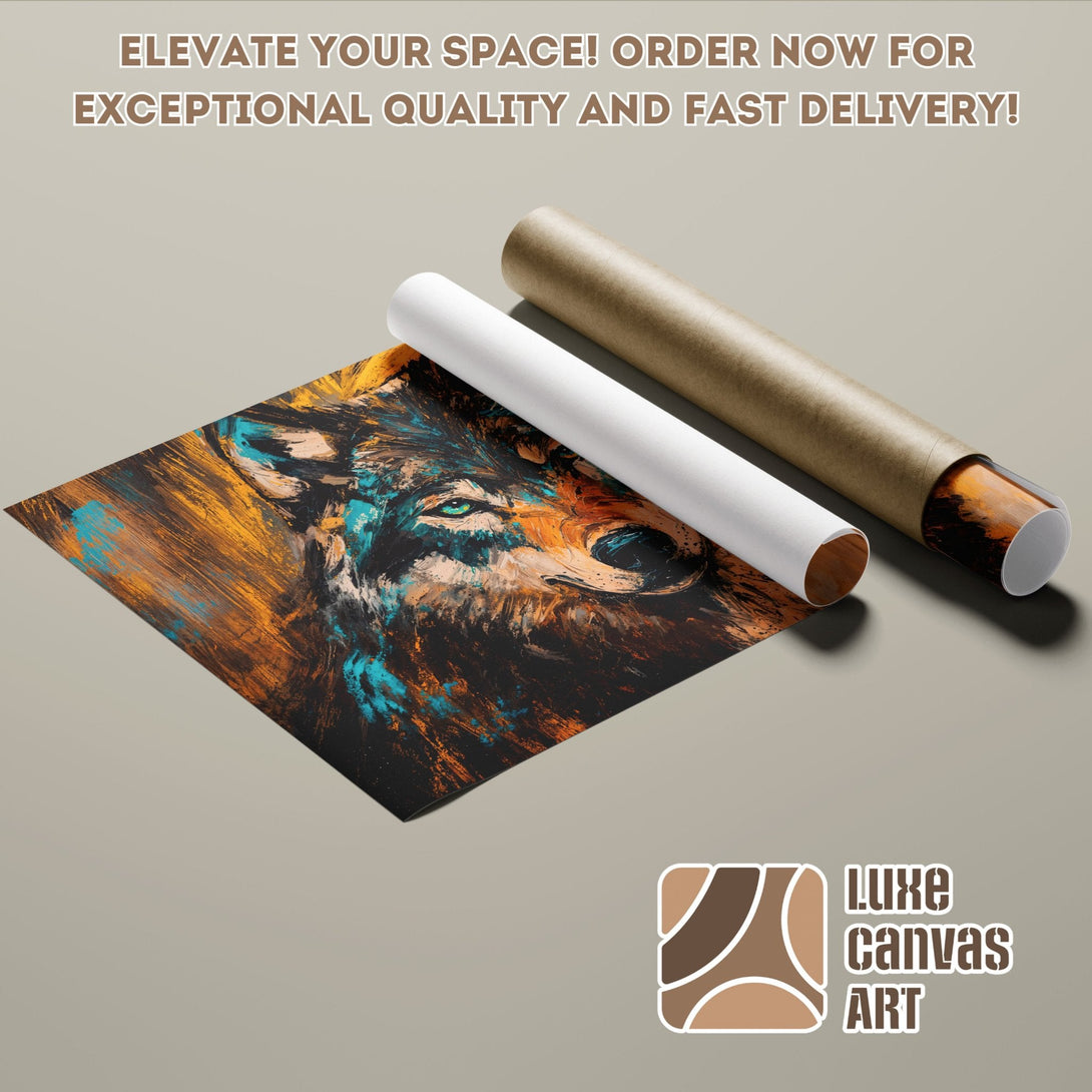 Wolf art poster roll in teal, orange, and black. Elevate your space with Luxe Canvas Art!