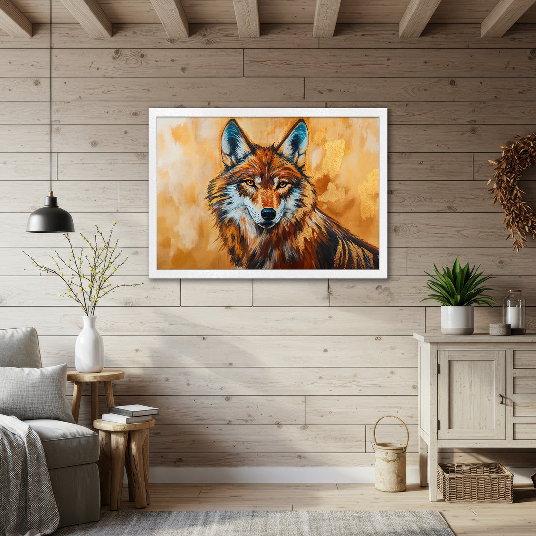 Framed Poster featuring a majestic wolf, painted in warm earth tones with gold accents. Perfect art piece for your home!