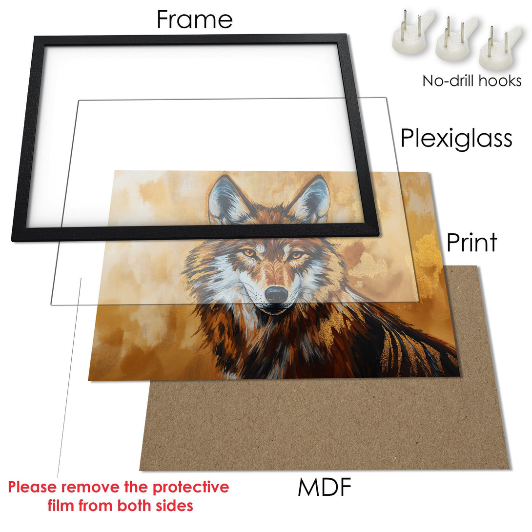 Framed Poster featuring a majestic wolf in warm, earthy tones. Artistic style with a golden color palette. Perfect wall art!