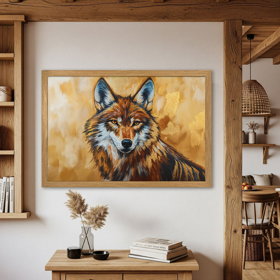 Framed Poster of a majestic wolf, painted in warm brown and gold tones. Rustic art style, perfect for home decor.
