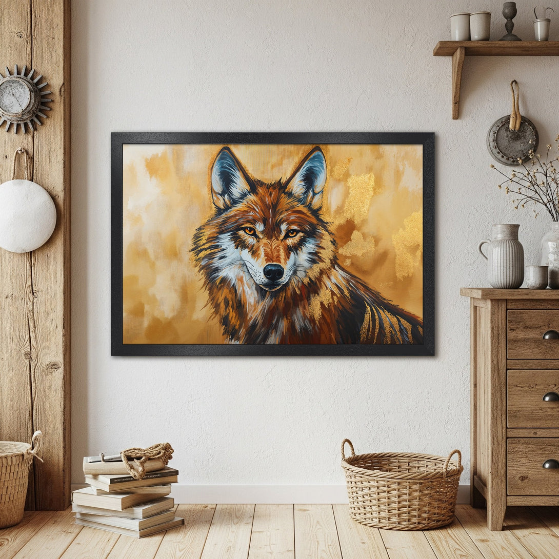 Framed Poster featuring a majestic wolf art print. Warm gold and brown tones create a stunning, rustic aesthetic. Shop now!