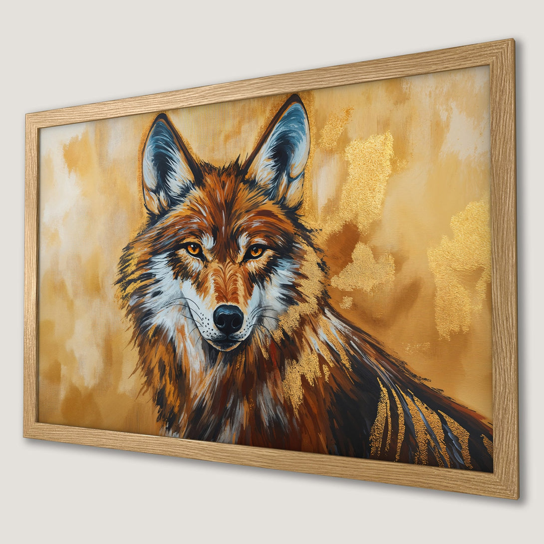 Framed Poster of a majestic wolf, painted in warm browns and golds, a stunning piece of art.
