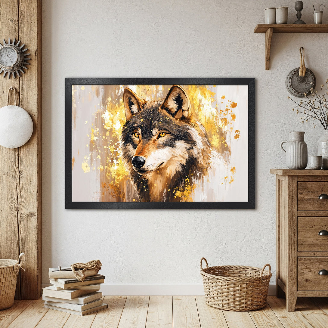 Framed Poster featuring a majestic wolf in an abstract, gold and brown color palette. Perfect wall art for any room!