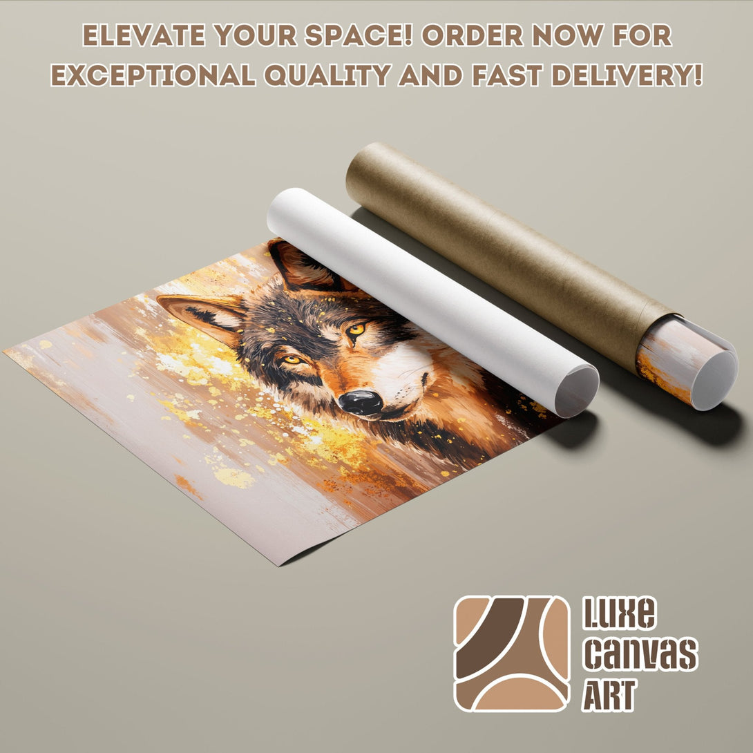 Wolf art poster roll, abstract style, warm brown and gold tones. Elevate your space!