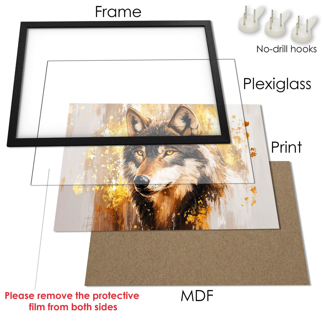 Framed Poster featuring a majestic wolf in an abstract style with a gold and brown color palette. Perfect wall art!