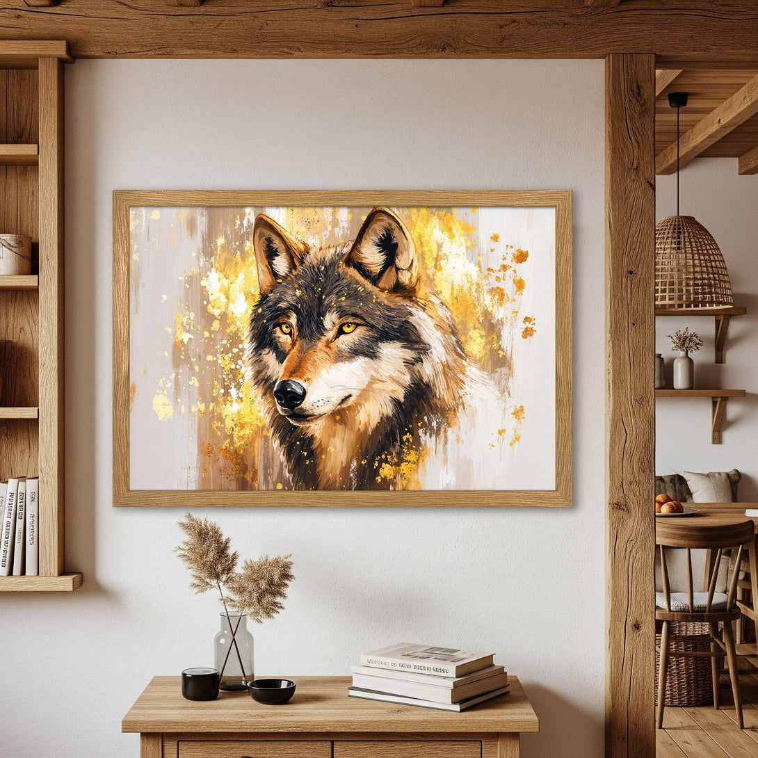 Framed Poster featuring a majestic wolf in an abstract style with a gold and brown color palette, perfect wall art.