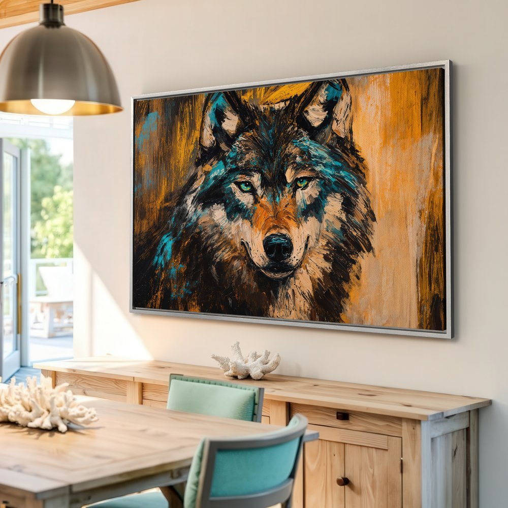 Framed Wall Art: Bold wolf portrait in teal, orange, and black. Modern canvas print for a stylish home.