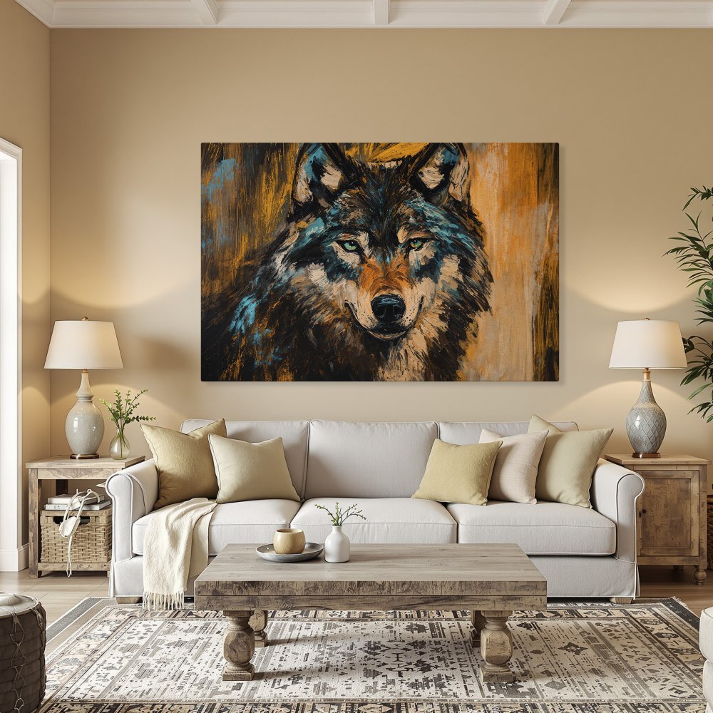 Framed Wall Art: Powerful wolf portrait in vibrant teal, orange, and black. Modern, expressive style. Elevate your decor with this captivating Canvas Print!