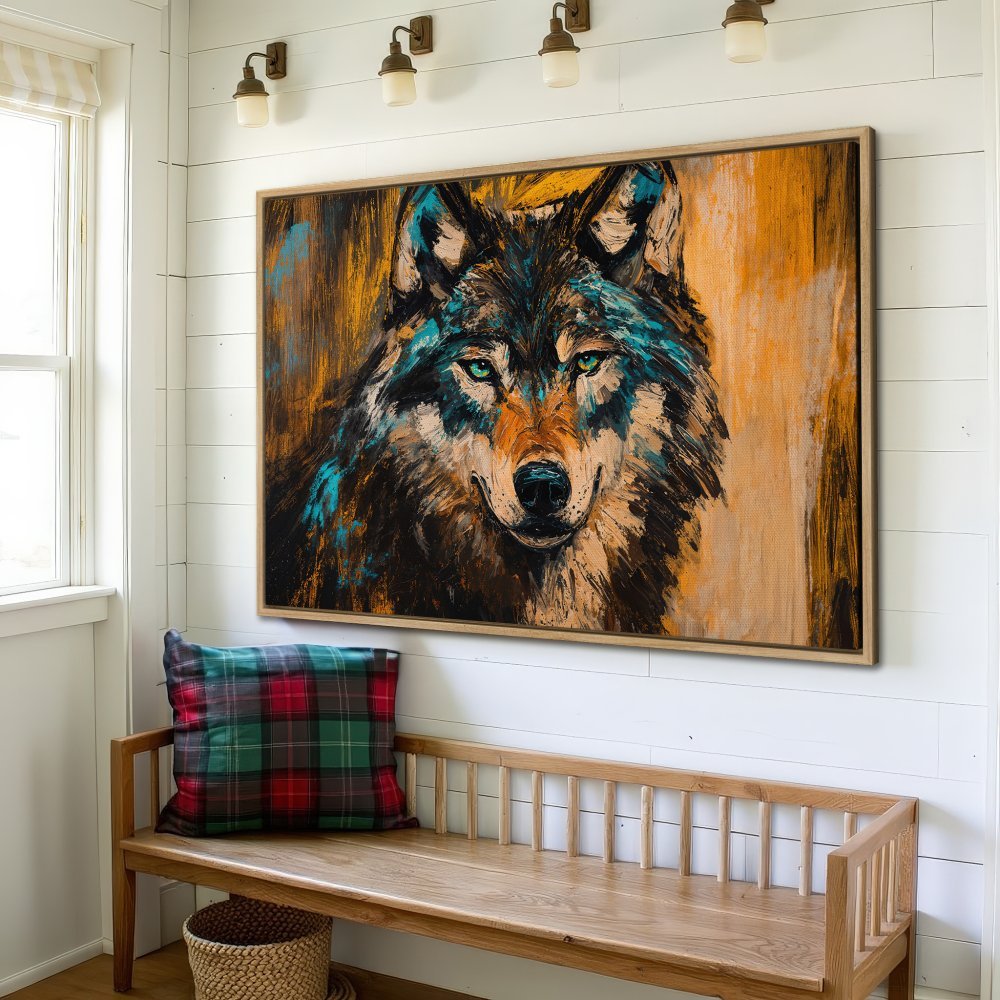 Framed Wall Art: Stunning wolf portrait canvas print with teal and gold accents. Rustic style decor for your home.