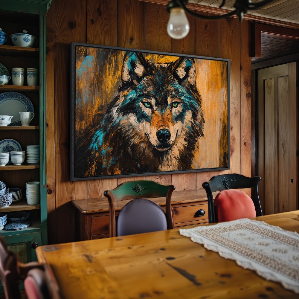 Framed Wall Art: Stunning wolf portrait Canvas Print in a rustic interior. Bold, expressive style with teal, orange, and black color palette. Elevate your home decor!