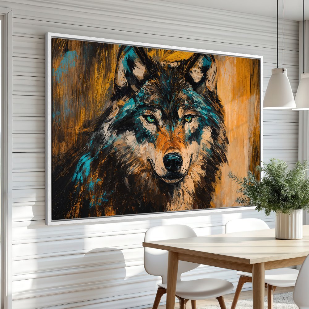 Framed Wall Art: Majestic wolf portrait canvas print in vibrant teal, gold, and brown hues. Add a touch of wilderness to your home decor!